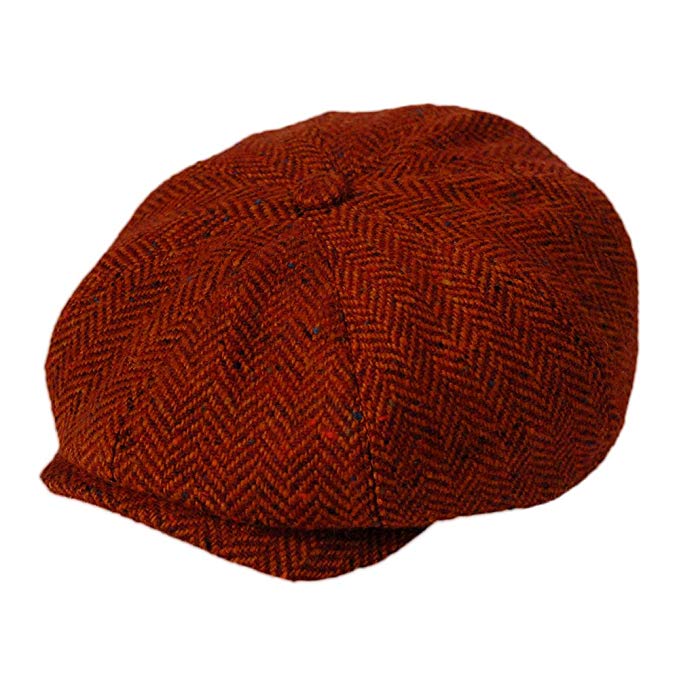British Made Button Top Cap in Vermilion Red Donegal Tweed By Gamble & Gunn