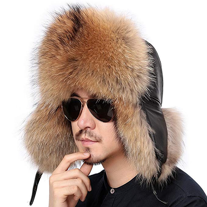 Valpeak Mens Winter Hat Real Fox Fur Genuine Leather Russian Ushanka Hats