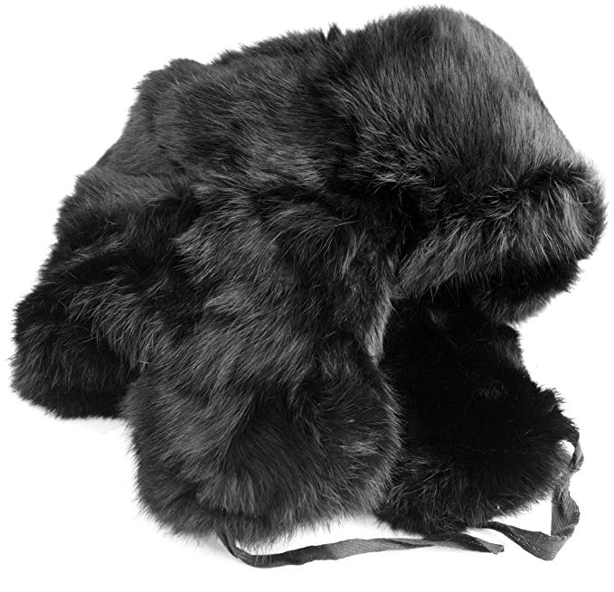 Rabbit fur ushanka winter hat Black, with Soviet Army officer insignia