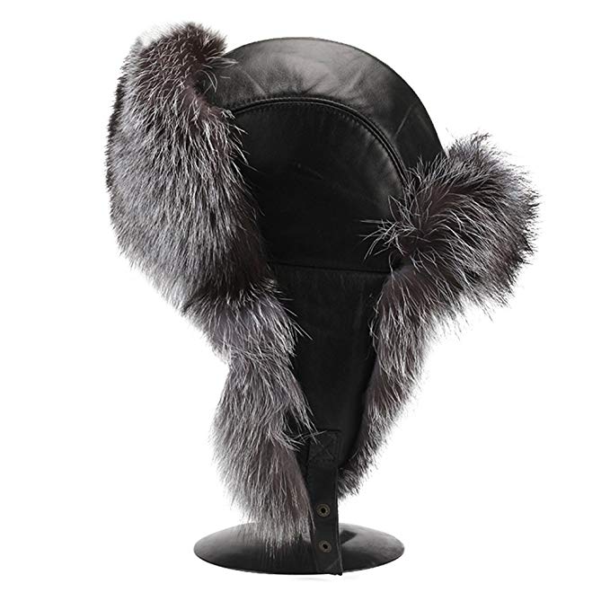 Men's Winter Vintage Leather fox Fur Aviator Hat Russian Ushanka Trooper Hat