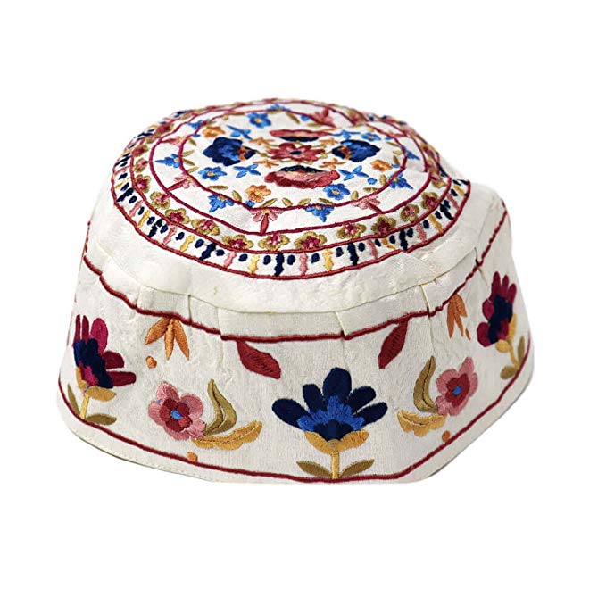 Yair Emanuel White Flower Oriental Design Hand Embroidered Hat / Bucharian Kippah