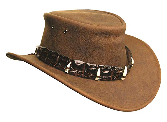 Kakadu Traders Australia | Crocodile Dundee Outback Leather Hat | with Real Croc-Hatband and Teeth | Chinstrap | 2nd Choice