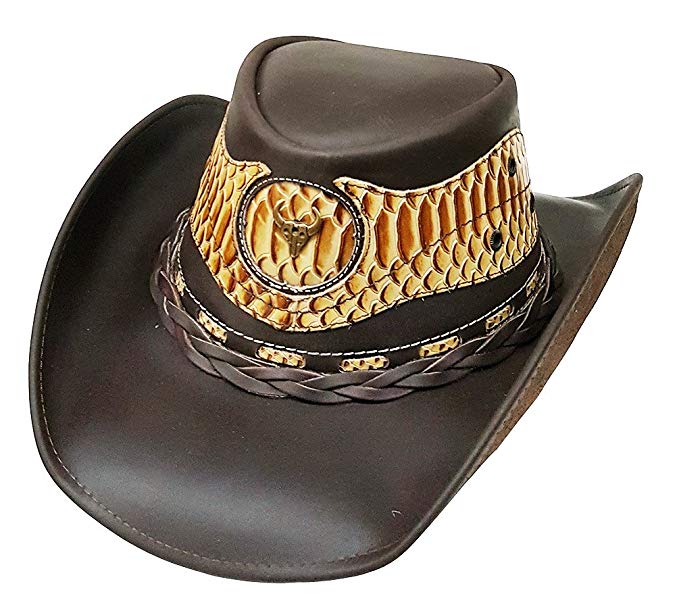 Modestone Unisex Cowboy Leather Hat Leather Snake Skin Pattern Applique Brown