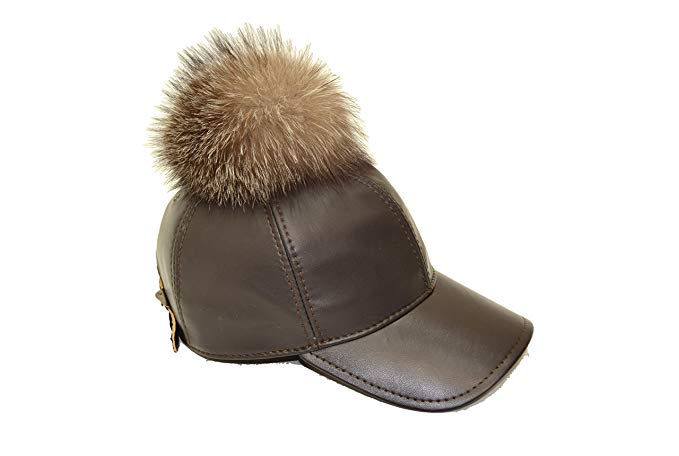 Genuine Leather Real Fox Fur Pom Pom Adjustable Baseball Cap, Black and Brown