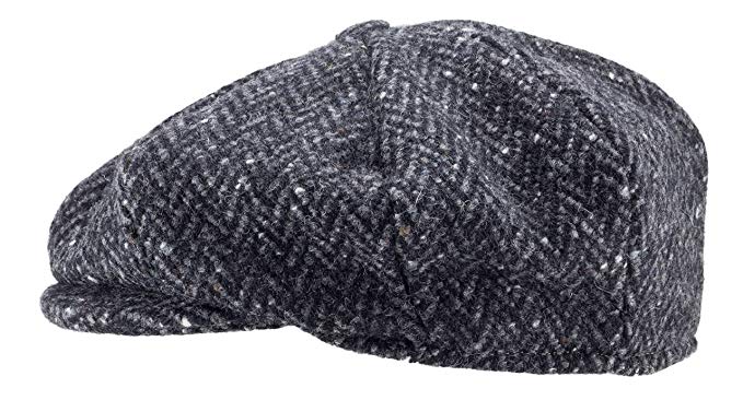 100% Handmade Handwoven Tweed.'Newsboy' Cap.Black Herringbone.made by Hanna Hats
