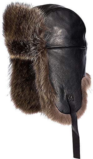 Overland Sheepskin Co Canadian Lambskin Leather Trapper Hat Raccoon Fur Trim