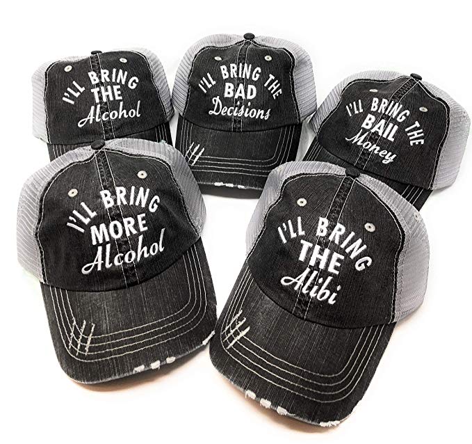 Mary's Monograms Set of 5 I'll Bring The Party Hats Distressed Trucker Hats Black -Cursive